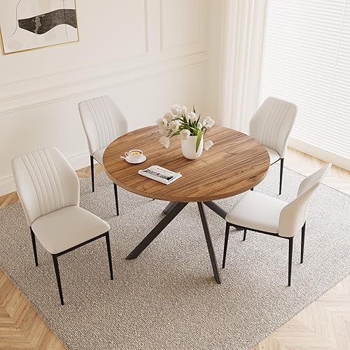 Vista 7 de Juego de mesa de comedor redonda de nogal de 45.3 pulgadas para 4, juego de café pequeño moderno de mediados de siglo para comedor, cocina, Mesa