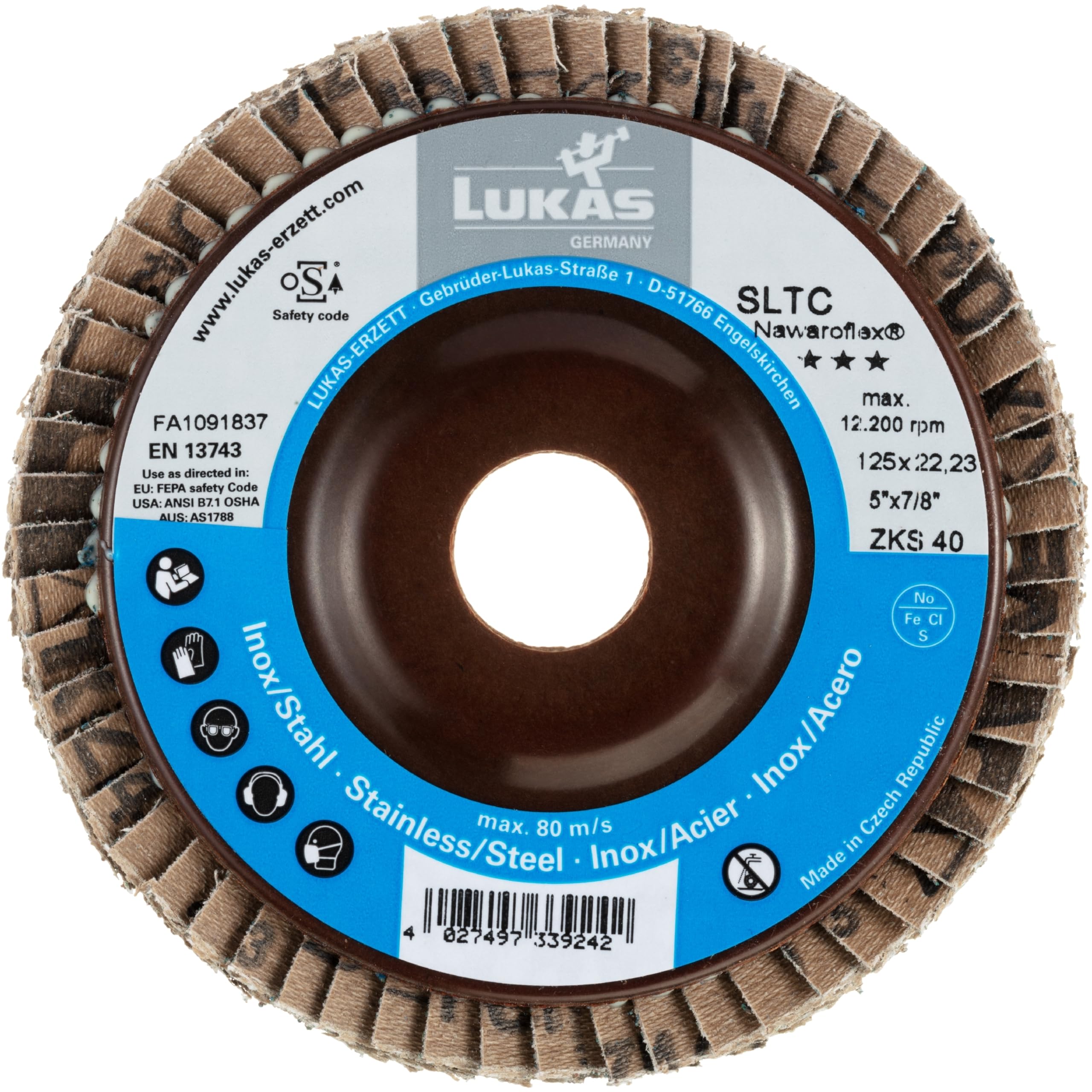 LUKAS-ERZETT - 10 dischi abrasivi a ventaglio SLTC, universali, Ø 125 mm, in corindone con zircone (con rilegatura a copertura attiva), grana 40, obliqua, 13 x 13 x 13 cm