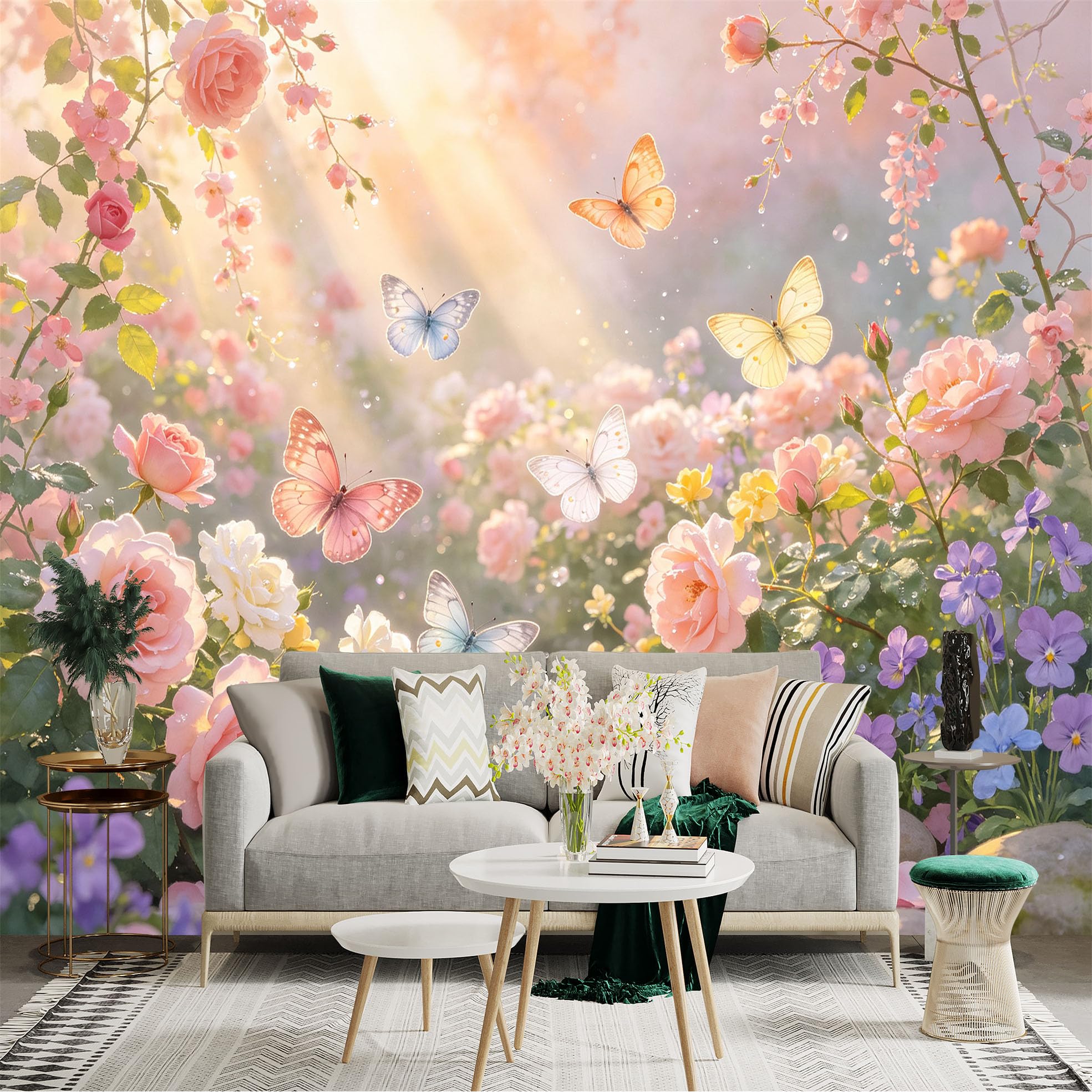 Lnzczhyre Bh260719648 Custom Size Wall Sticker Mural， Enchanted Rose Garden With Flying Butterflies， Pastel Floral Meadow， Sunlight And Petals， For Wall Decoration， Peelandstick Wall Decals.