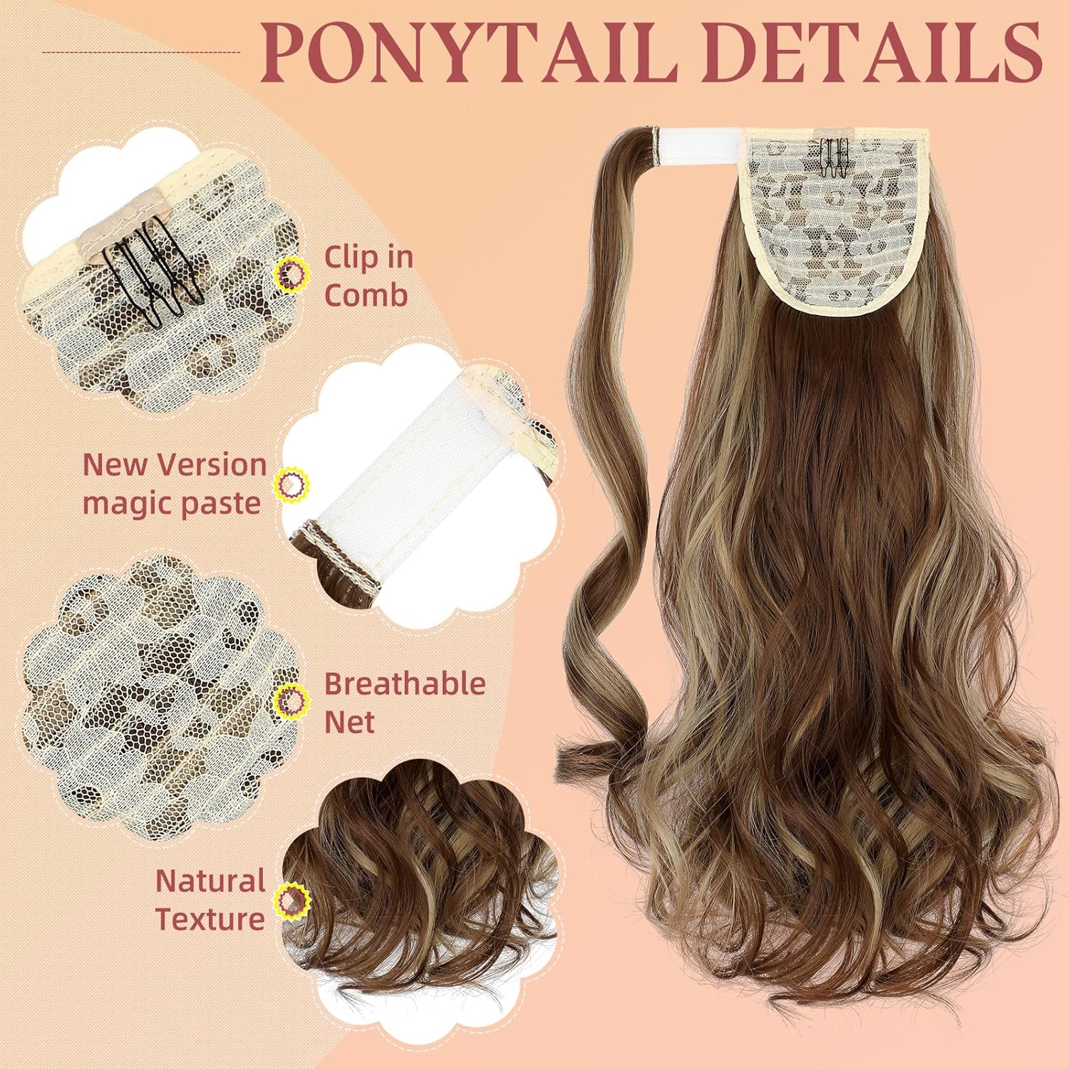 FELENDY 18 Ponytail Extension Curly Wavy Clip in Hairpiece Wrap Around Long Pony Tails Hair Extensions Synthetic for Women Ash Blonde Mix Light Brown