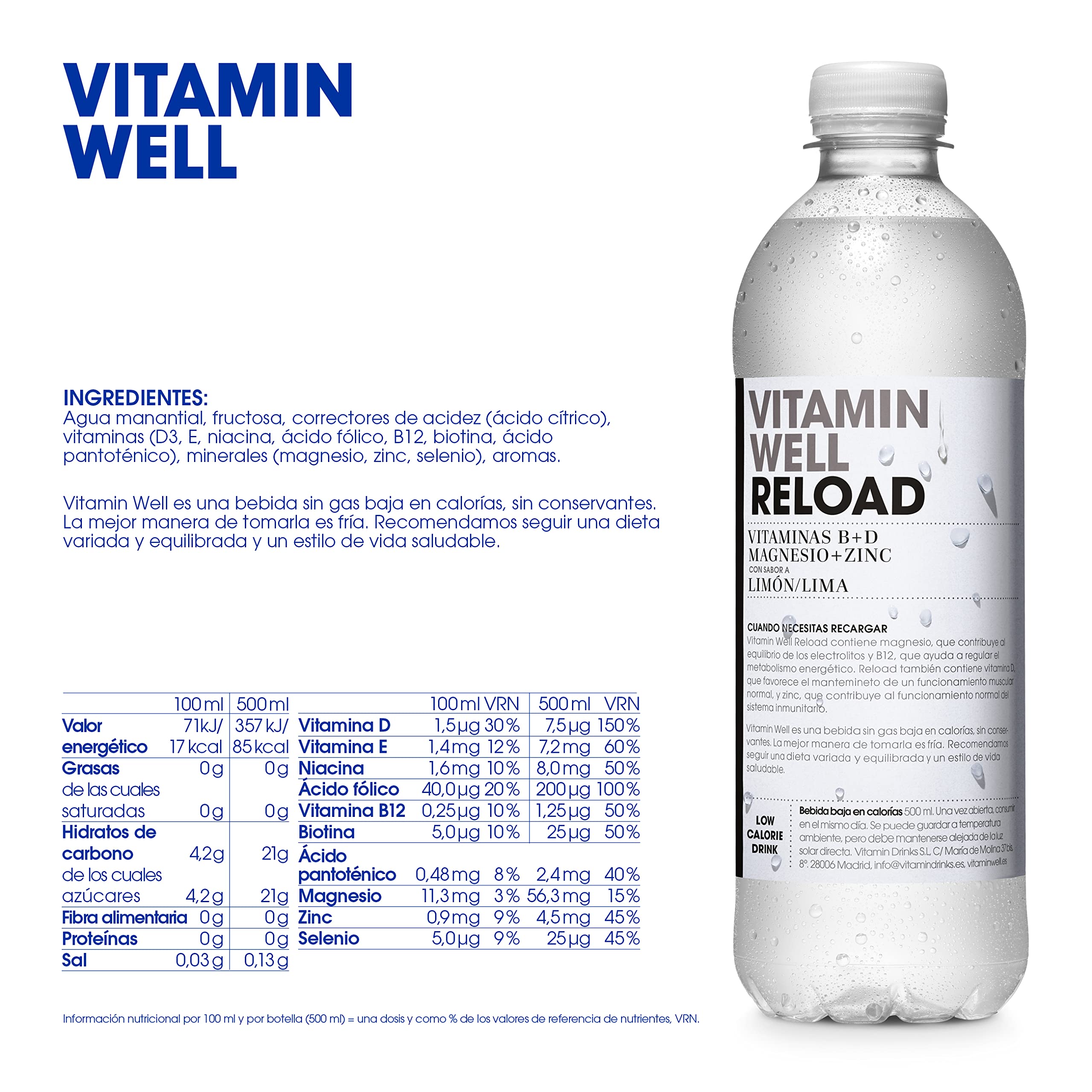 Vitamin Well - Enriquecido con Vitaminas D y B, Magnesio, Zinc, Sabor Limón-Lima Reload & Sport 001 (12 x 500ml)