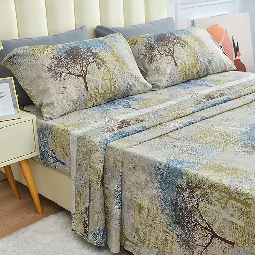 Miniatura 6 de JSD Juego de sábanas con estampado rústico, tamaño King, sábanas de microfibra suave con diseño de árbol, bolsillo extra profundo, 4 piezas