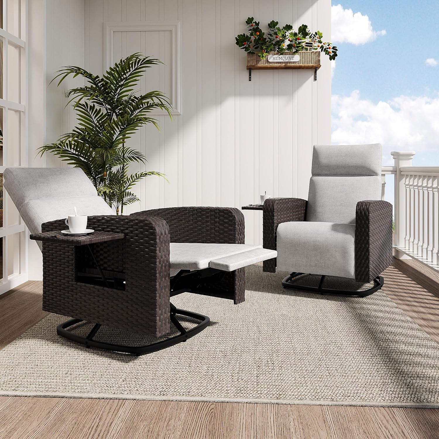 2 Pcs Outdoor Swivel Rocking Chair Set,Recliner Chair Set Reclining Patio Chair with Adjustable Back and Extended Footrest,360°Swivel Chairs with Flip-up Table for Pool Deck Balcony