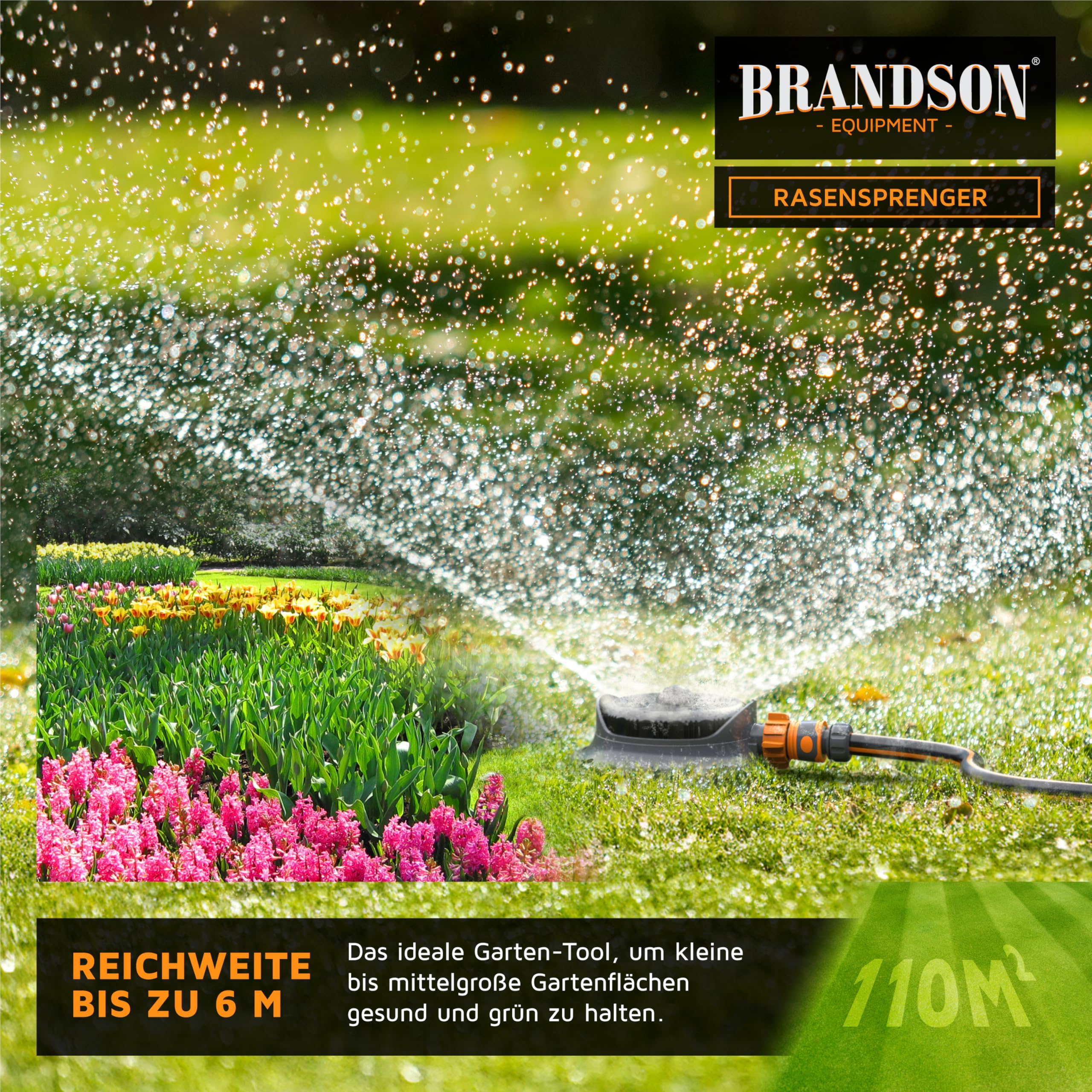 Brandson - Rasensprenger 3/4 Zoll - Rasensprinkler Flächenregner - Garten Sprinkler - 8 verstellbare Sprühformen - 110 m² Beregnungsfläche – Viereckregner - Schnellkupplungsadapter