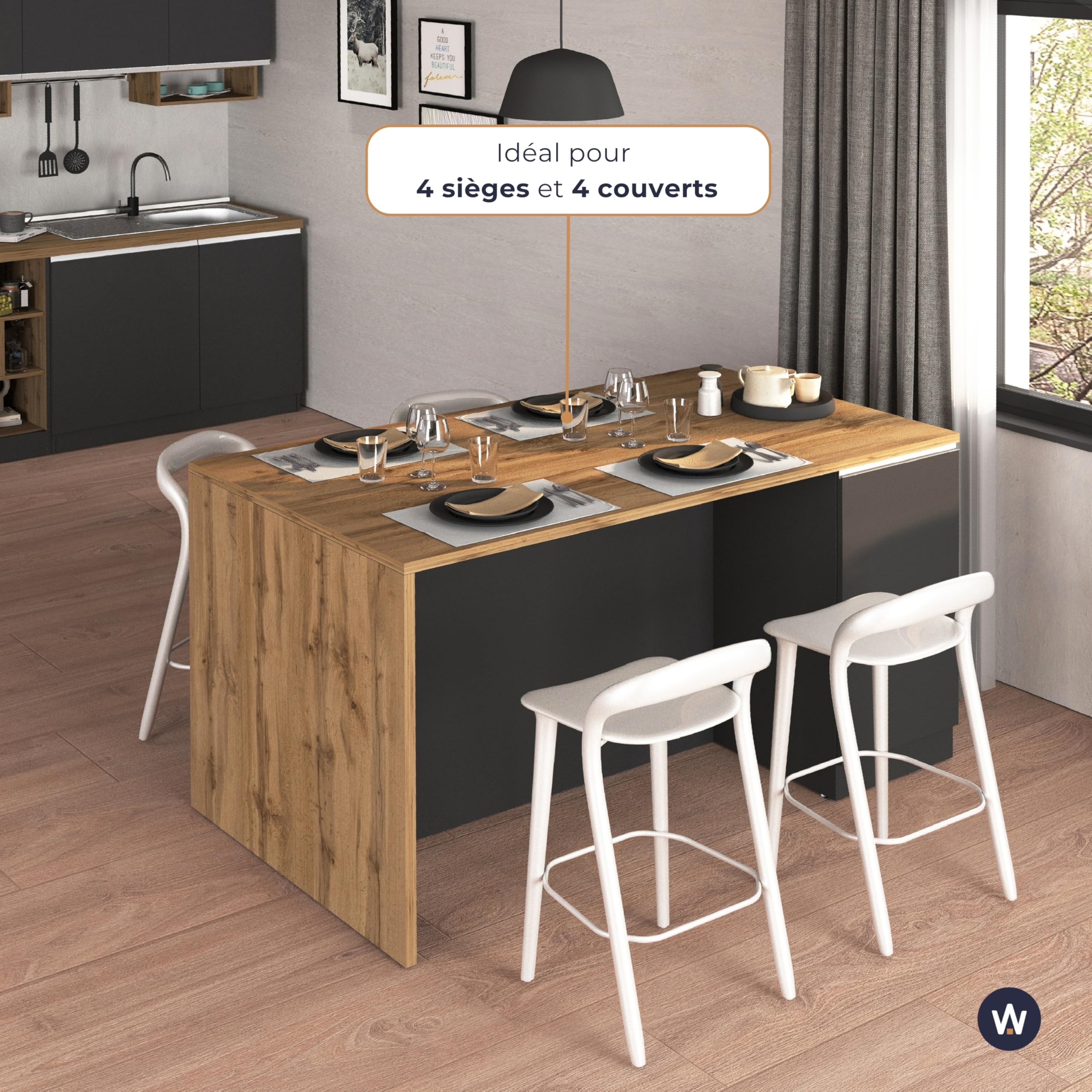 WHOUS Îlot de Cuisine Sole avec 2 Portes, Table à Manger et Plan de Travail, Idéal pour Cuisines Ouvertes et Petits Espaces, Dimensions 160 x 90 x 90 cm, Bicolore Anthracite Opaque et Chêne