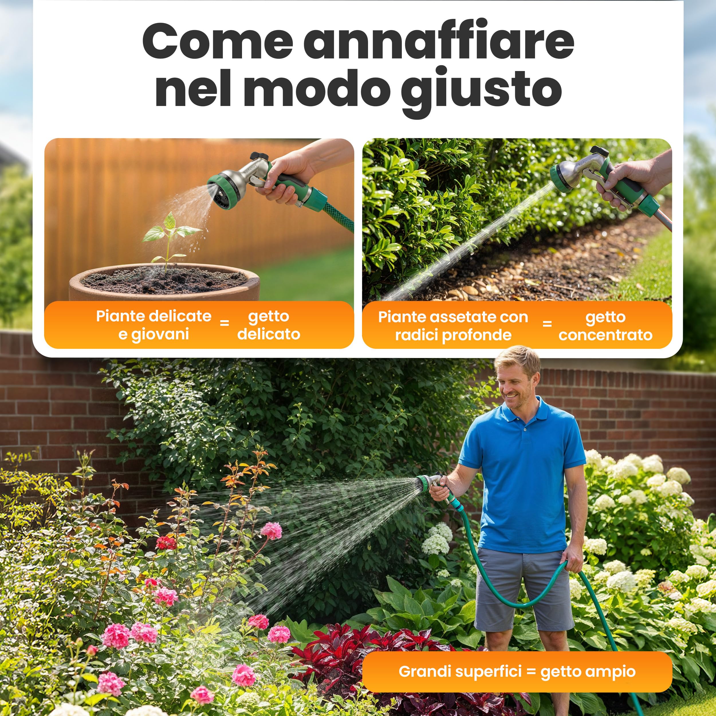 rainfactory Pistolet Tuyau d'Arrosage Métal 7 Jets Haute Pression – Pommeau Arrosage Jardin avec Régulation de Débit – Douchette Jardin Robuste pour Arrosage, Nettoyage et Lavage Auto