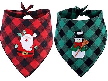 BoomBone 2 Pack Christmas Dog Plaid Bandana with Santa Snowman Appliques,Pet Dog Puppy Holiday Scarf