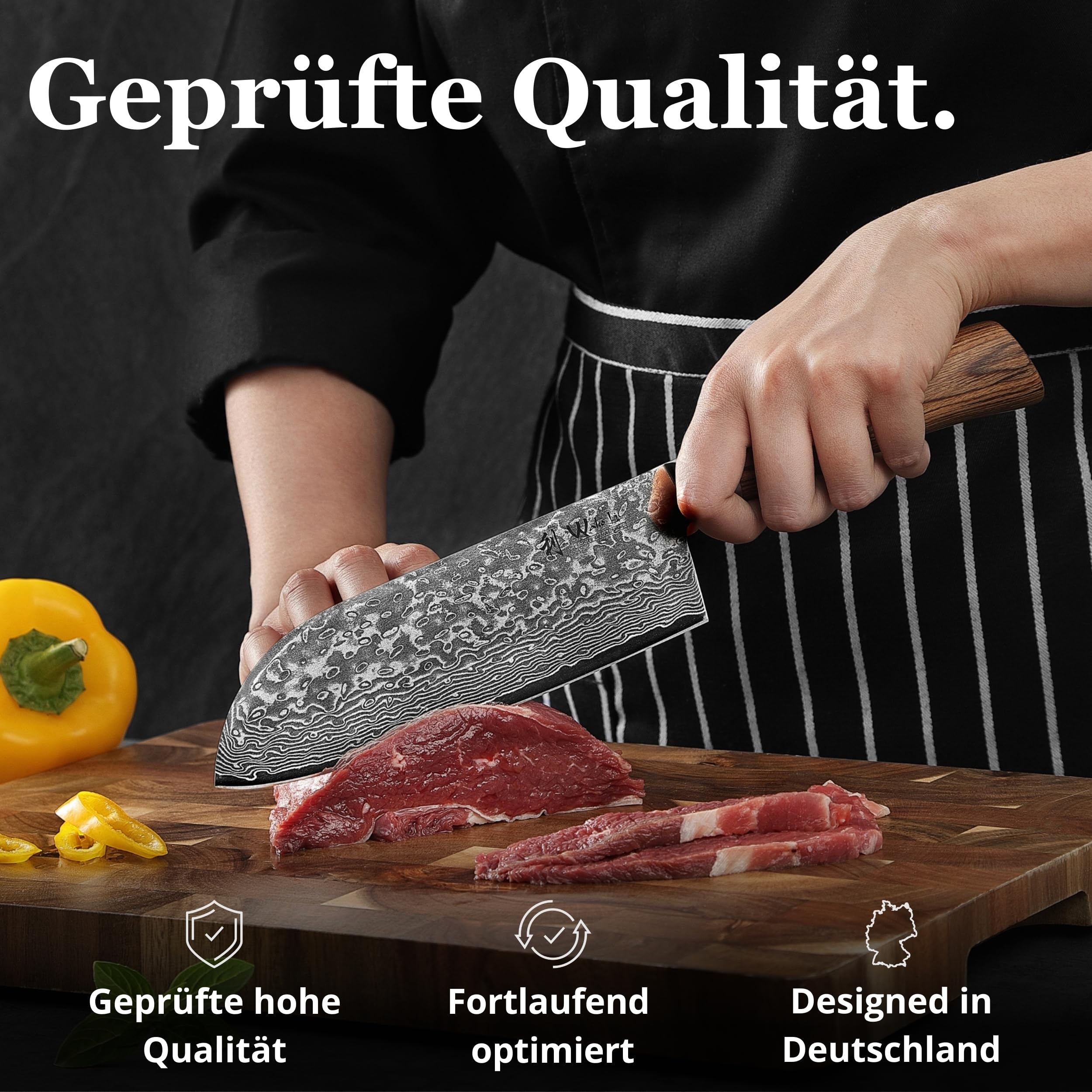 Wakoli EDIB Pro Santokumesser, 17 cm Klinge aus Damaststahl mit VG10 Kern | 67 Lagen, 60 ± 2 HRC, 32 cm Gesamtlänge, Pakkaholzgriff und Geschenkbox; beidseitiger V-Schliff für Fleisch, Fisch und Gemüse