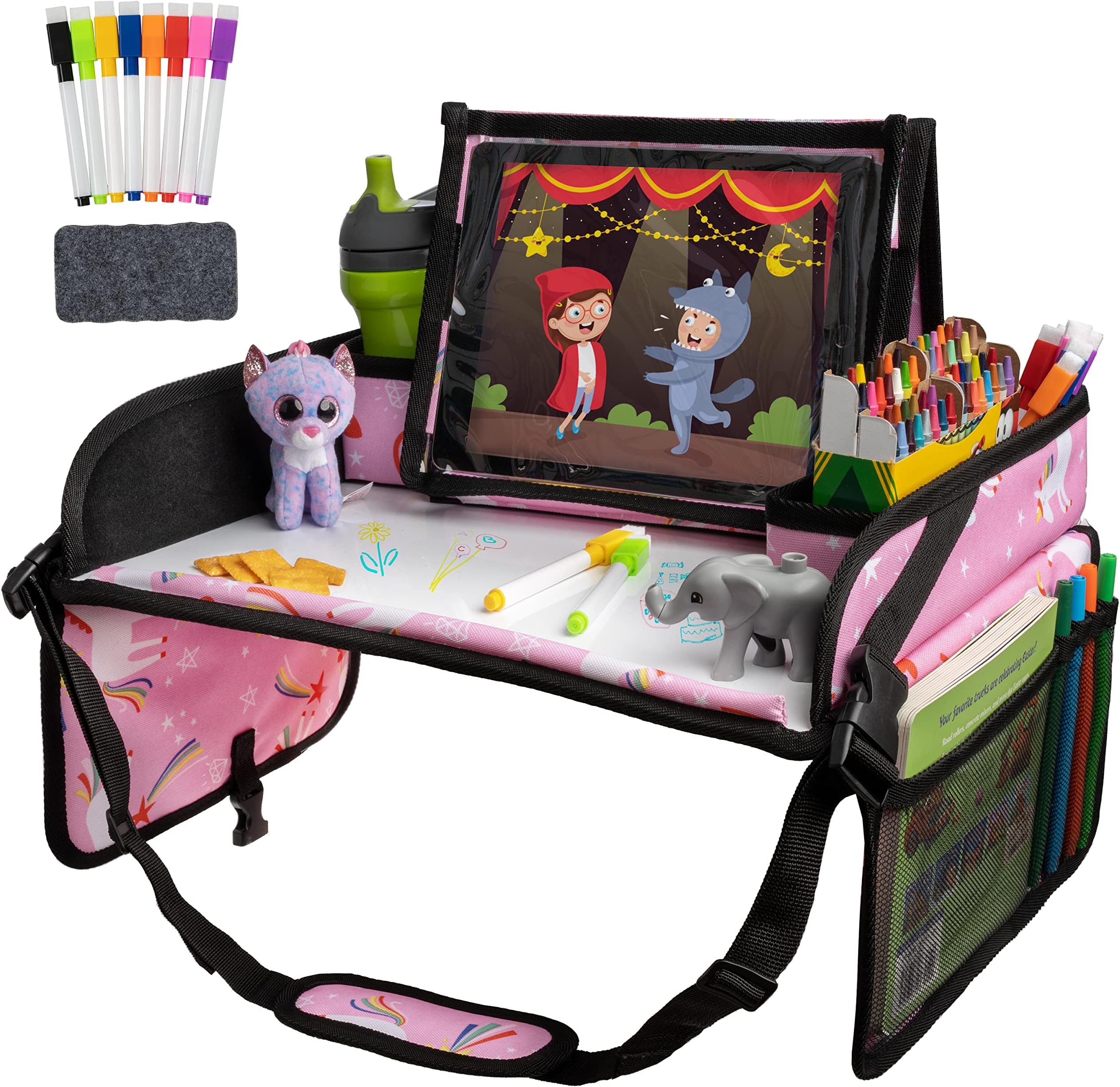 Lusso Gear Travel Car Seat Tray - Dry Erase Board & Secure Tablet Holder for Toddler Travel - Durable 600D Oxford Cloth with Snack & Toy Compartments for Road Trip Essentials for Kids - Pink Unicorn