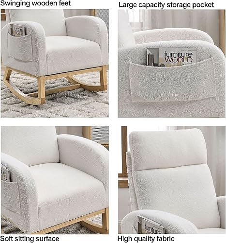 Miniatura 8 de Mecedora para guardería, moderna silla deslizante con respaldo alto y dos bolsillos laterales, sofá mecedor de tela para sala de estar, dormitorio,