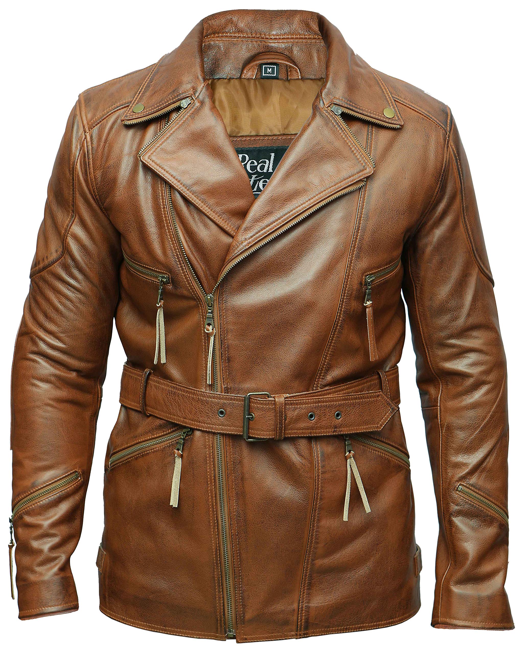 Superior Leather Garments - Mens 3/4 Motorcycle Biker Distressed Vintage Leather Jacket , L - For Person of Chest 41 inches, Tan