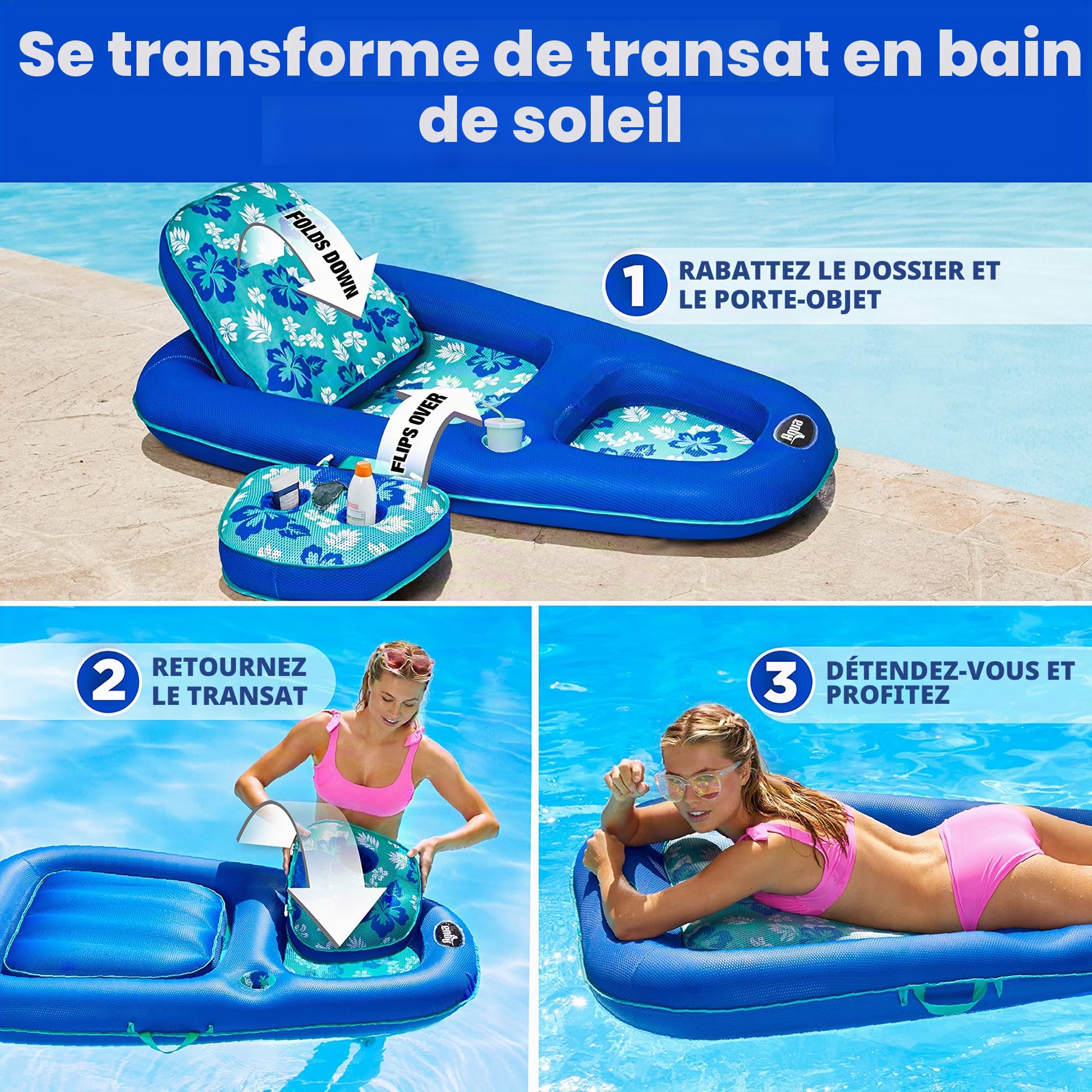 Aqua B07P83G3F6 Chaise Longue de Piscine Ultra résistante pour 2 Personnes Bleu Marine/Rayures Blanches 162 x 135 cm