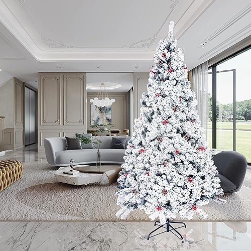 HomSof Árbol de Navidad flocado de nieve de alta calidad árbol de Navidad artificial árbol verde pino de 75 pies con 42 conos de pino y 42 bayas