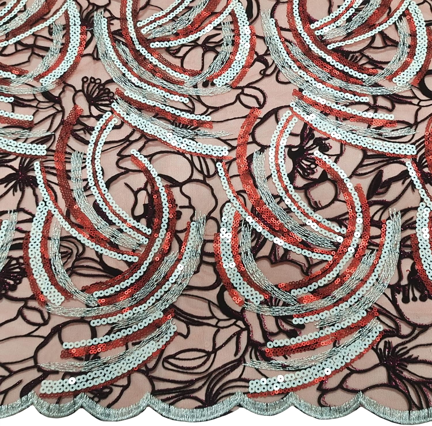 Bestway Fashion Laser-Cut Velvet Sequins Embroidery African Lace Fabric 5 Yards French Net Lace Fabric (Wine Red)