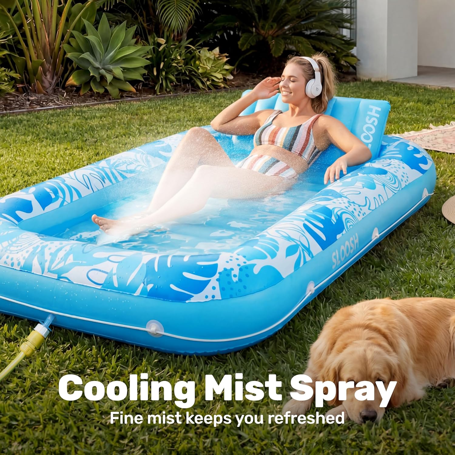 SLOOSH Inflatable Tanning Pool Lounger Float with Mist, 70" x 46" Large Pool Floats Adult with Pillow & Cup Holders, 6 in 1 Portable Sunbathing Pool Blow Up Tanning Bed for Backyard, Beach