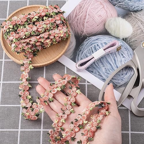 Miniatura 3 de OIIKI Cinta de encaje de 5 yardas, tela de encaje de boda, poliéster bordado rosa para apliques de boda, costura artesanal