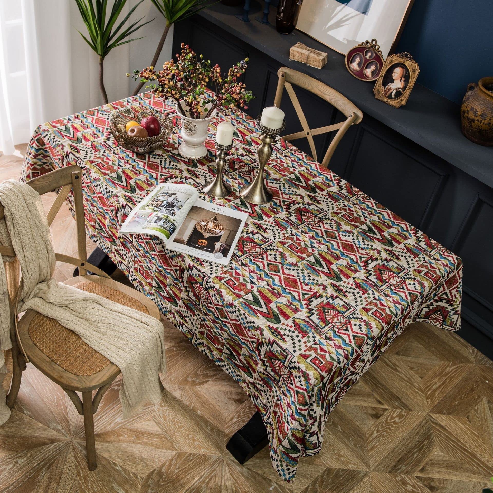 Wytrzymały geometryczny obrus prostokątny design do wiejskiej kuchni stołu jadalnego lub salonu - 140 x 300 cm stylowy pokrowiec na stół do wyposażenia domu