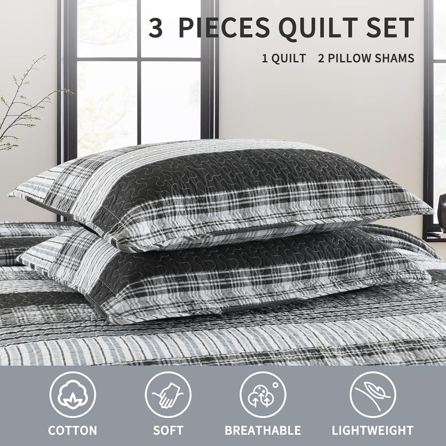 Homzard Quilts Queen Size - Black and White Queen Comforter Set, 100% Cotton Black Grey Striped Bedding Set, Lightweight Reversible Bedspread Set, 3 Piece All Season - Image 6