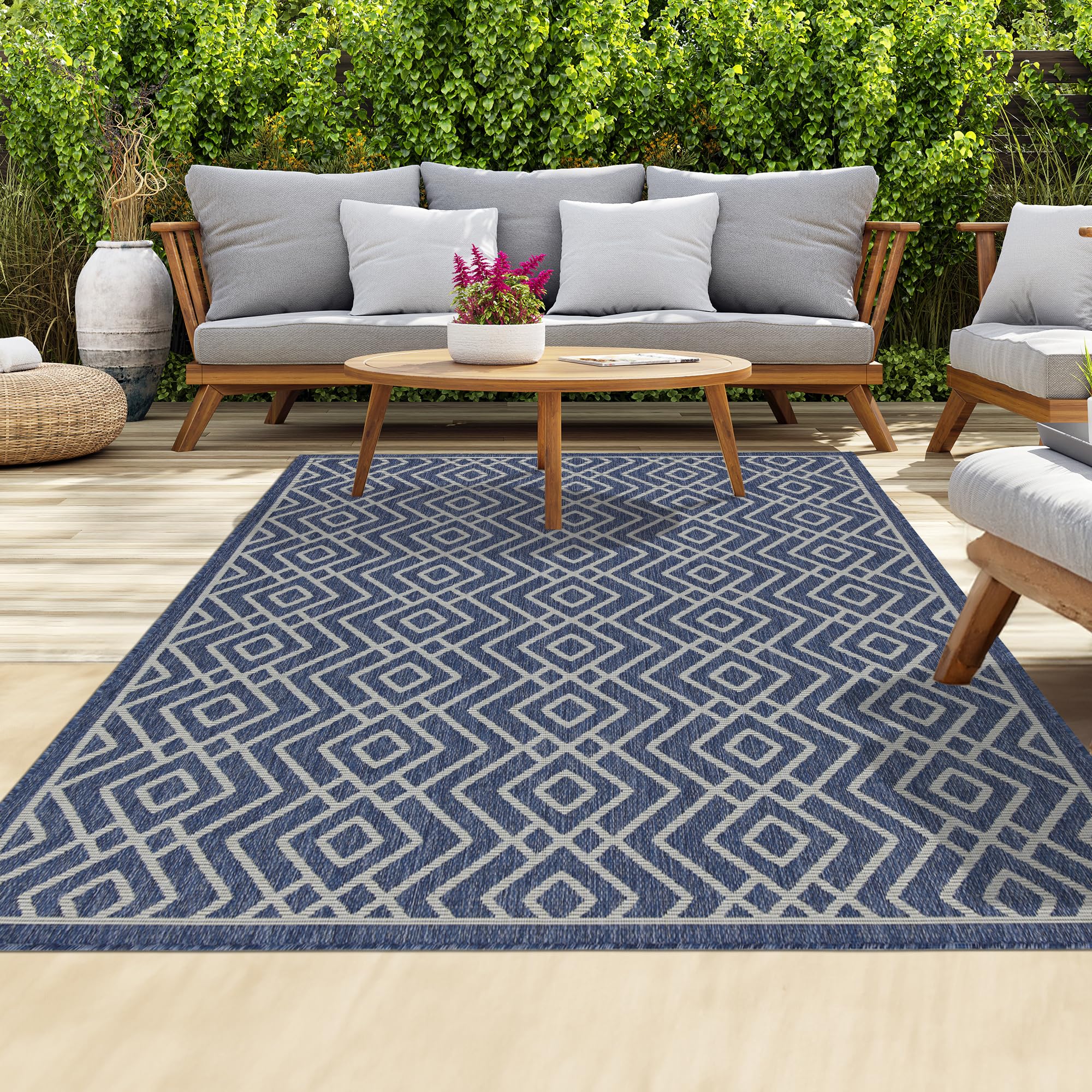 homeart Outdoor Rugs | Easy-Cleaning Indoor & Outdoor Area Rugs for Porch, Deck, Balcony, Garden, Picnic, Kitchen, Hallway | UV & Weather-Resistant Large Patio Rug Mats | D.Blue Cream, 120 x 170 cm — image 1
