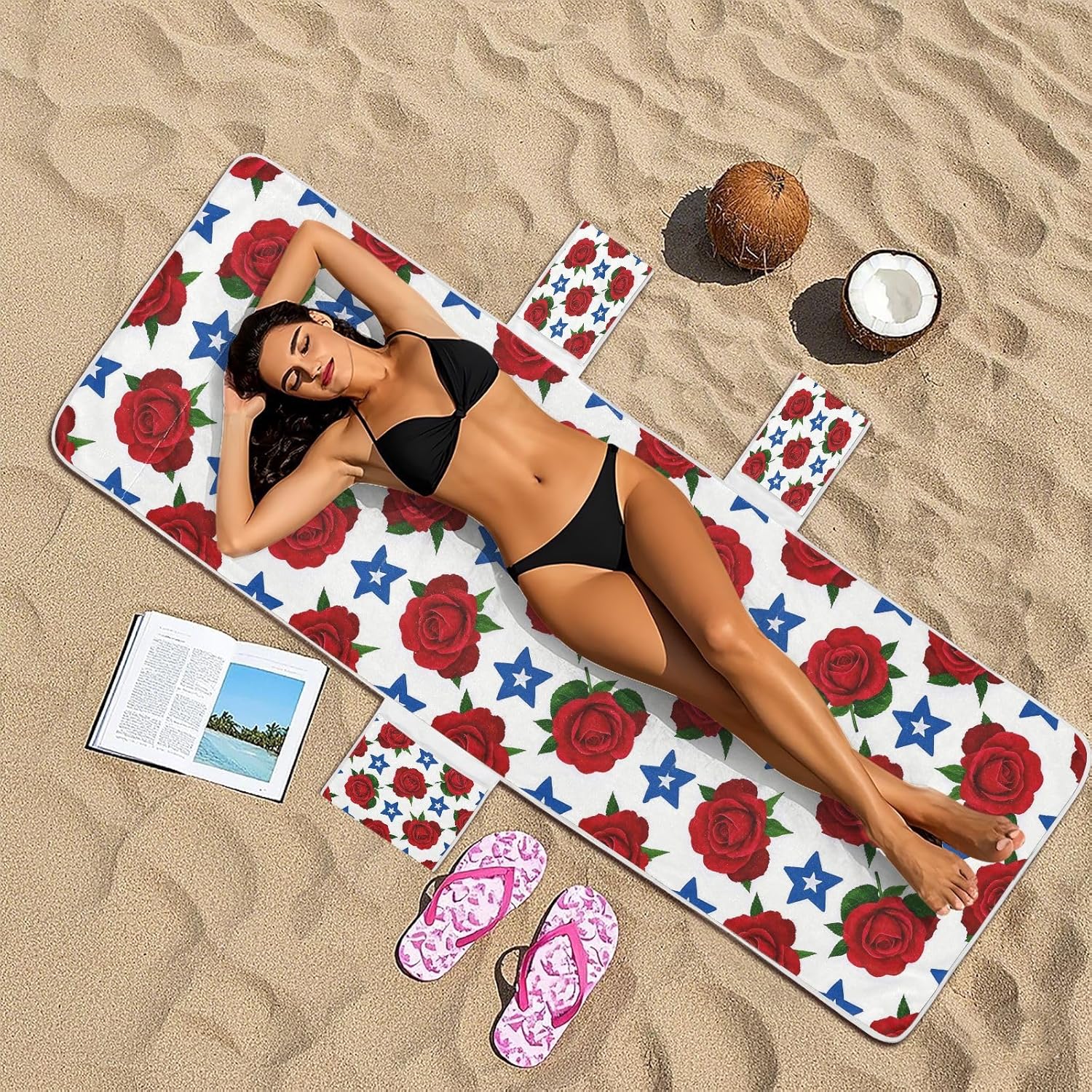 4th Of July Independence Day Red Rose Flowers Patio Chaise Lounge Chair Cover Microfiber Soft Outdoor Chaise Lounge Cover with Pockets for Pool Beach Sunbathing, 85" X 30"