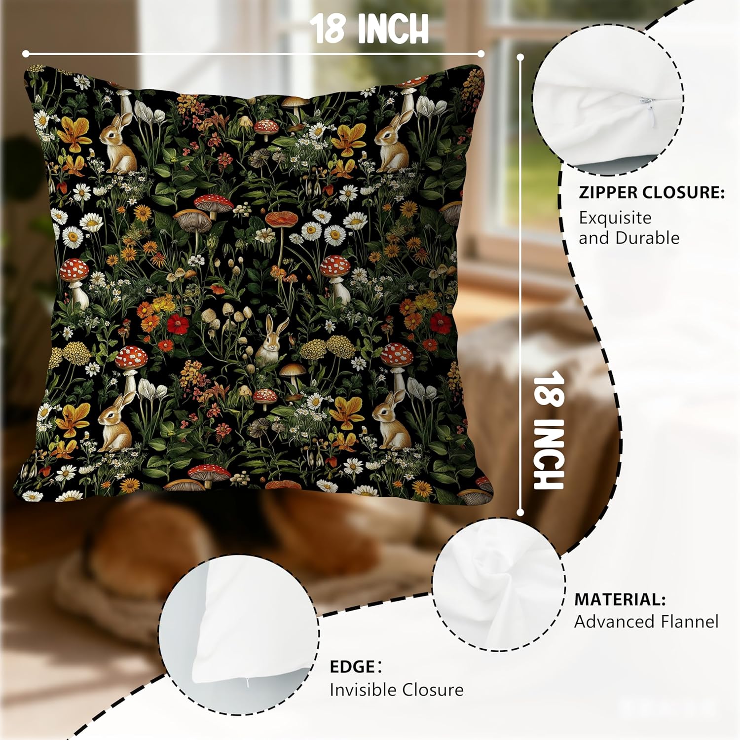 Cottagecore Mushroom Floral Bunny Pillow Covers 18x18, Dark Cottagecore Decor, Rustic Wildflower Botanical Rabbit Decorative Throw Pillow Covers for Home Bedroom Living Room,251pillowcover - Image 6