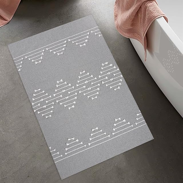 LINROMIA Boho Area Rugs Indoor Small Door Mat 60 x90 cm Grey Washable Cotton Throw Rug Floor Carpet with Hand Woven Tassel for Bedroom Bathroom Kitchen Entrance