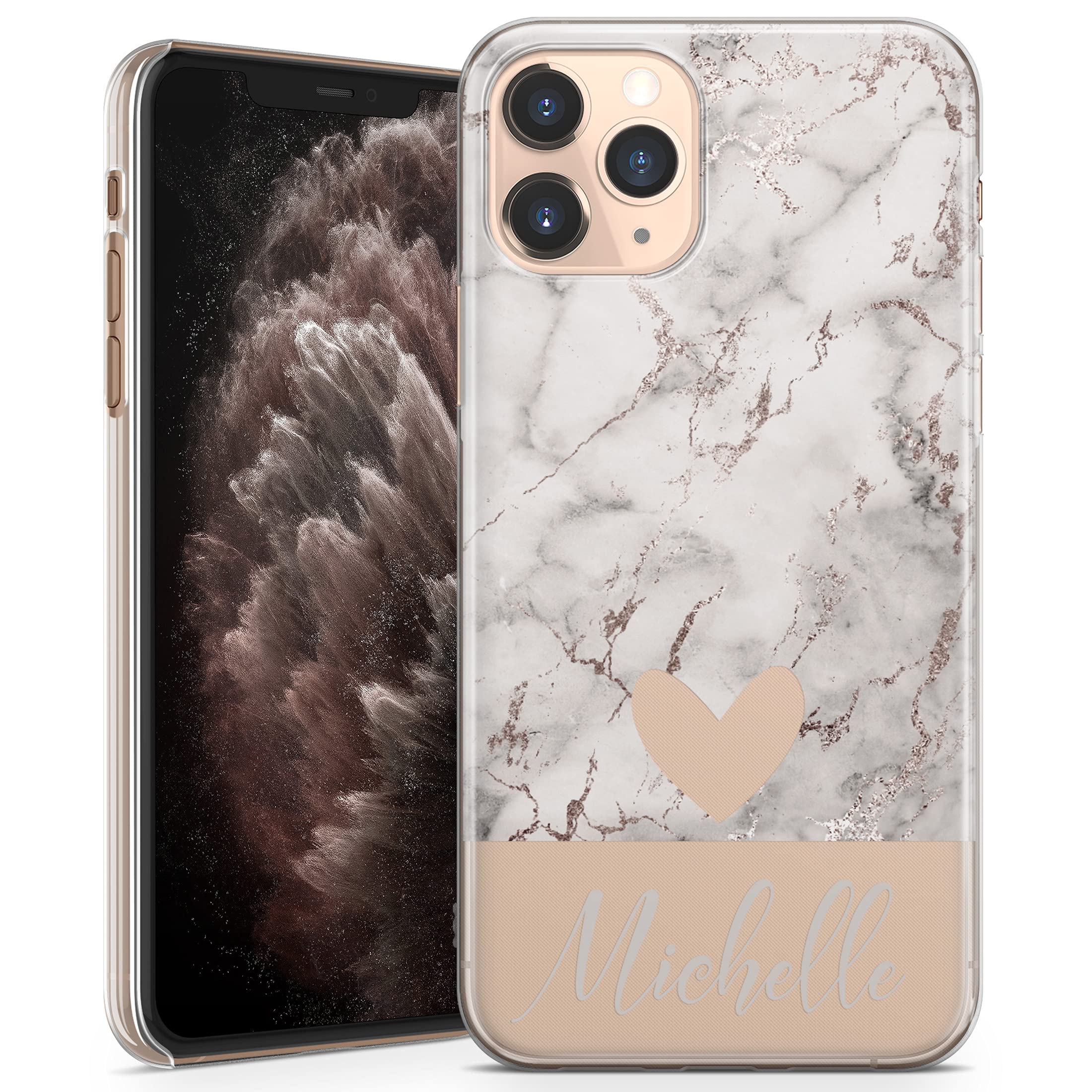 TULLUN Personalised Phone Case for iPhone 11 Pro - Clear Hard Plastic Custom Cover Name and Heart Individual Style Initials Name Text - Champagne Marble Name