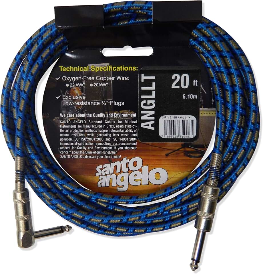 CABO DE GUITARRA ANGEL TX 0,30 MM CONECTOR P10/P10 90º 20FT 6,10 METROS TEXTIL - SANTO ANGELO