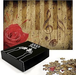 Ambesonne Music Jigsaw Puzzle, Notes and Musical Symbols on Rustic Piano Keyboard Look Backdrop Romantic Rose, Heirloom-Quality Fun Activity for Family Durable Cardboard, 1000 pcs, Brown and Red