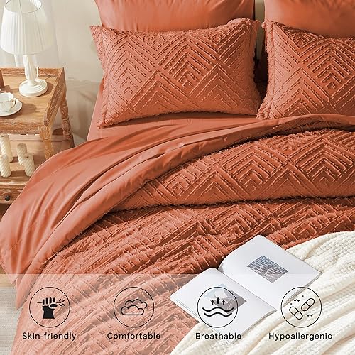 Miniatura 3 de Zzlpp Juego de edredón Queen de 7 piezas, cama copetuda naranja quemado en una bolsa con edredón y sábanas, juegos de ropa de cama para todas las