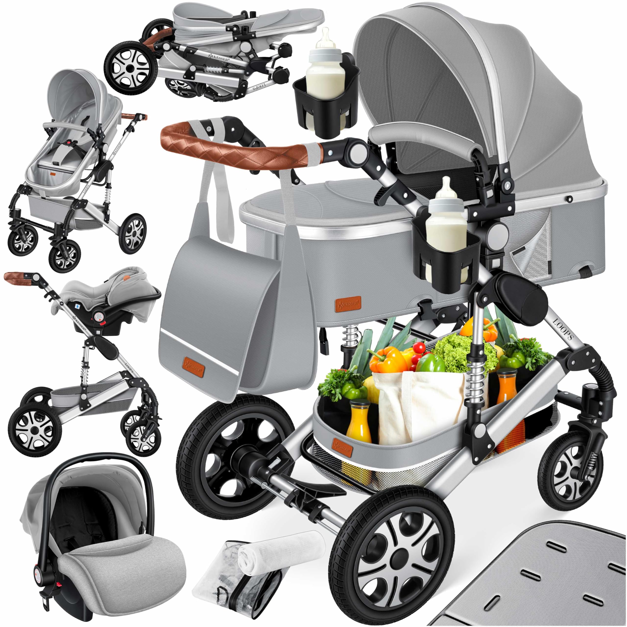 KESSER® Loops 4 in 1 Kinderwagen Kombikinderwagen Komplett-Set inkl. Babywanne & Buggy Sportsitz & Auto-Babyschale Voll-Gummireifen Wickeltasche Regenschutz Kindertisch ECE R129, Grau/Silber