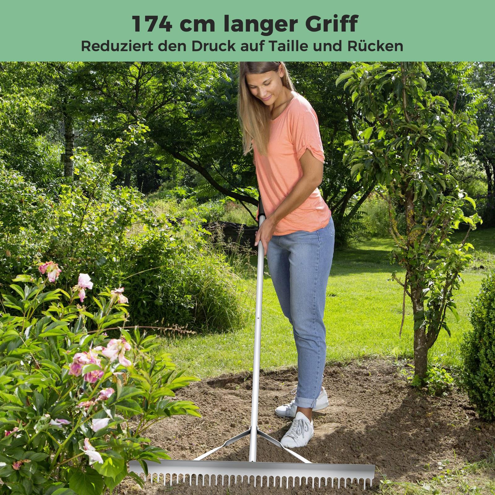 FANTASK Grabie z głowicą grabiącą o szerokości 91 cm i długim uchwytem, aluminiowa grabie ogrodowe z 36 zębami, miotła do liści, grabie do spulchniania gleby, pielęgnacja krajobrazu