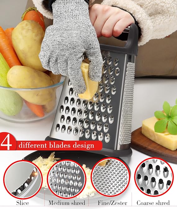 Ourokhome Rotary Cheese Grater Shredder and Stainless Steel Box Grater with Removable Storage Container, Gloves, Vegetable Peeler and Cleaning Brush