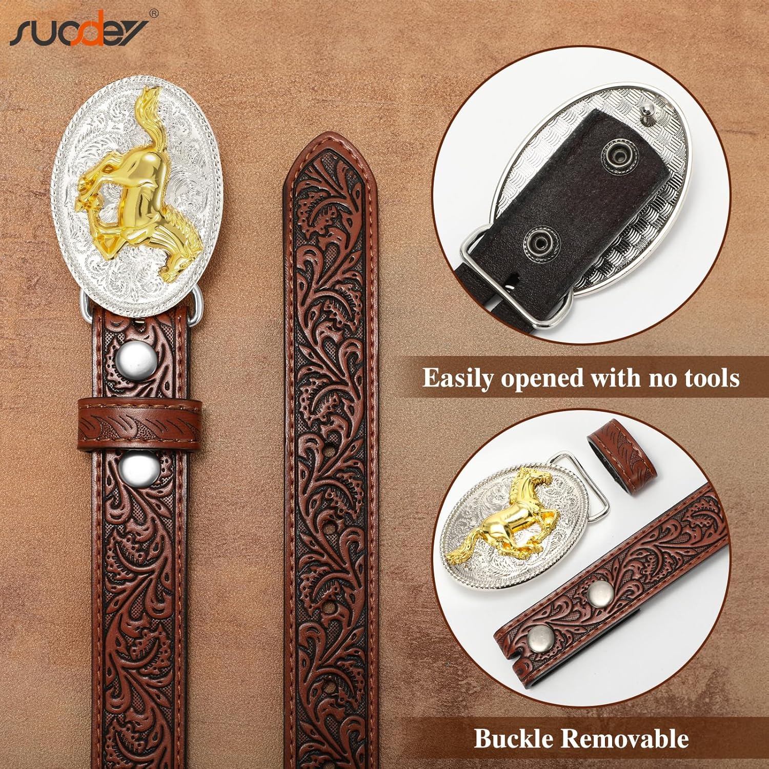 SUOSDEY Kids Western Belt for Boys Girls,Toddler Youth Cowboy Cowgirl Genuine Leather Belt with Longhorn Bull Buckle - Image 4