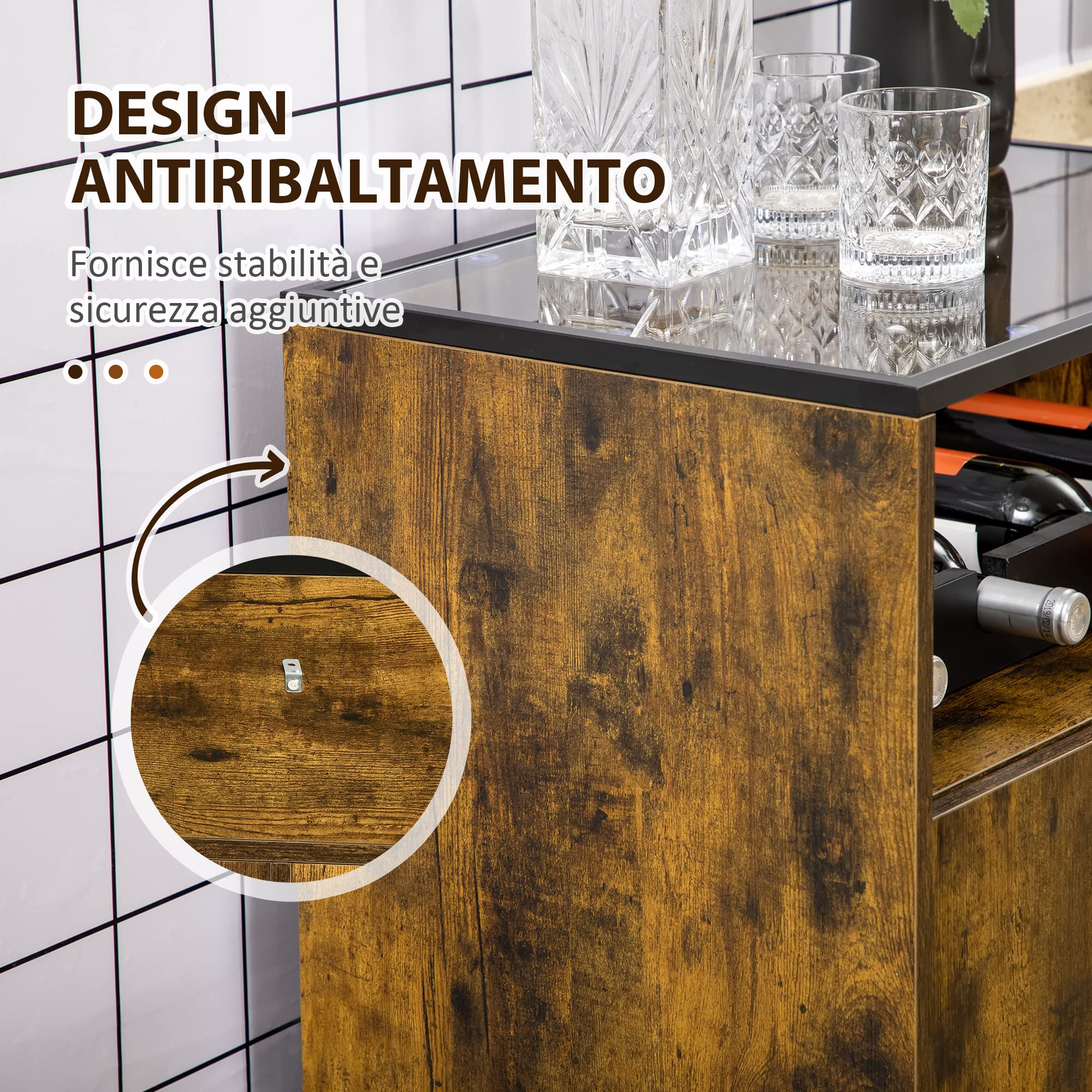 HOMCOM Mobile Multiuso da Salotto con Portabottiglie, Vani Aperti e Armadietto, Mobiletto Porta Vini Stile Industriale, 60x40x100cm, Marrone