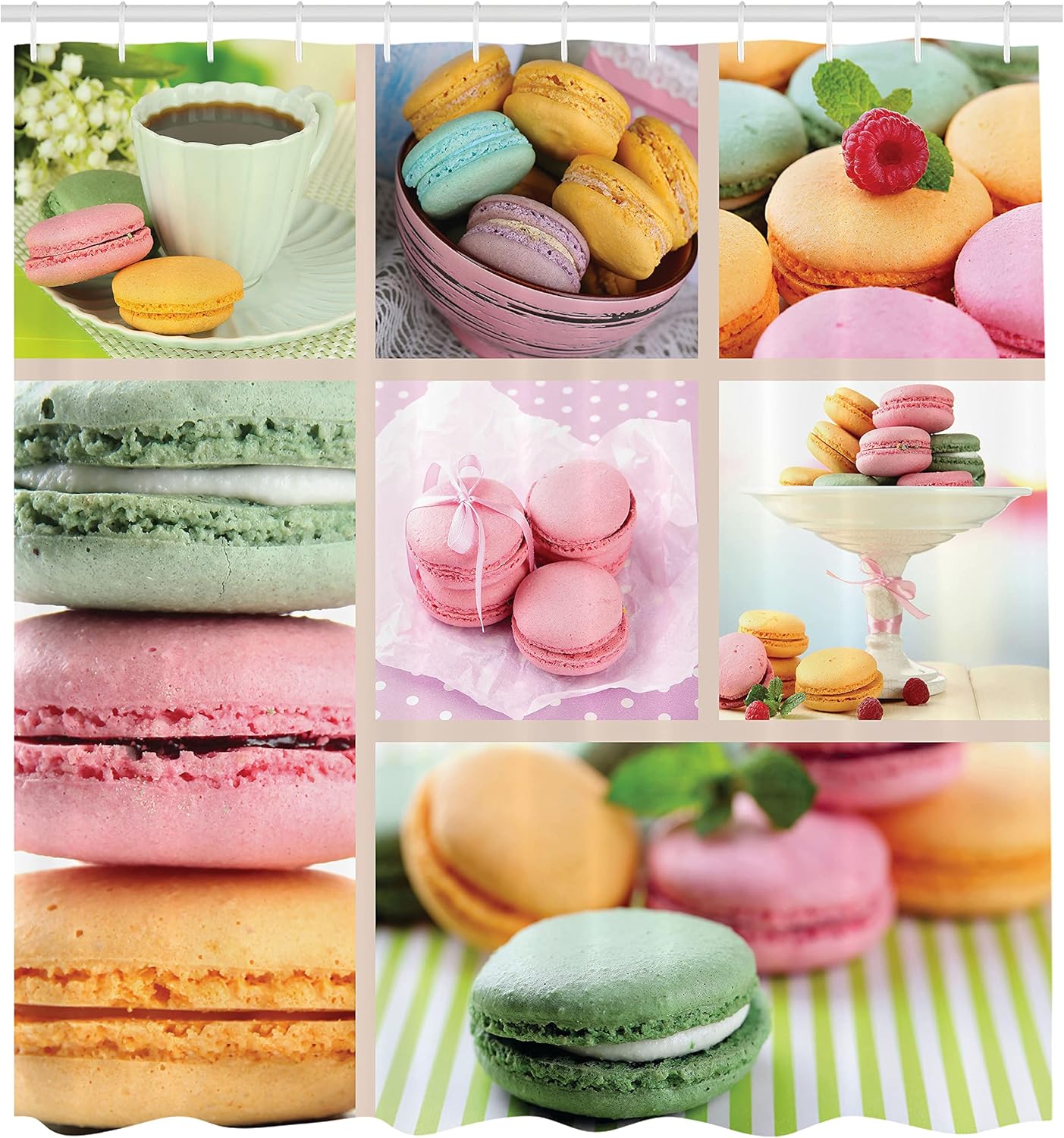 Ambesonne Colorful Shower Curtain, Traditional French Desert Macaroons Themed Collage with Coffee Gourmet Print, Cloth Fabric Bathroom Decor Set with Hooks, 69" W x 70" L, Multicolor Dark Mustard