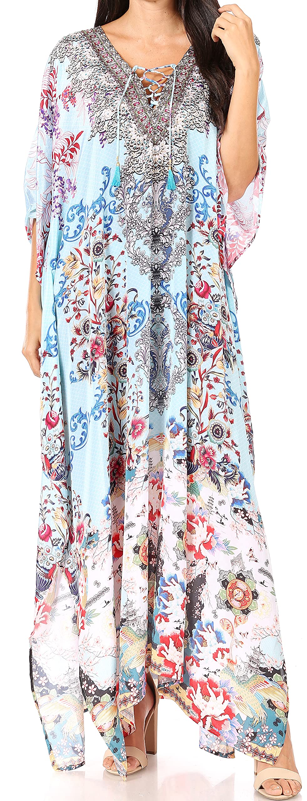 Sakkas Yeni Women's Short Sleeve V-Neck Summer Floral Long Caftan Dress Cover-up