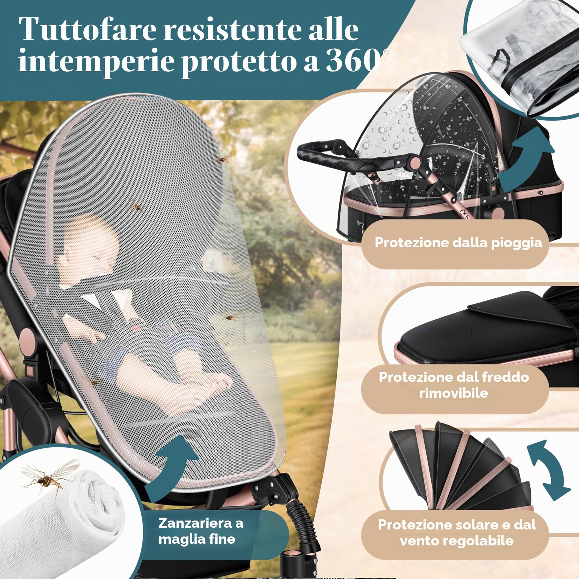 KESSER Carrozzina 3in1 Loops, Combinata con navicella, Seggiolino auto, Nero/Oro Rosato