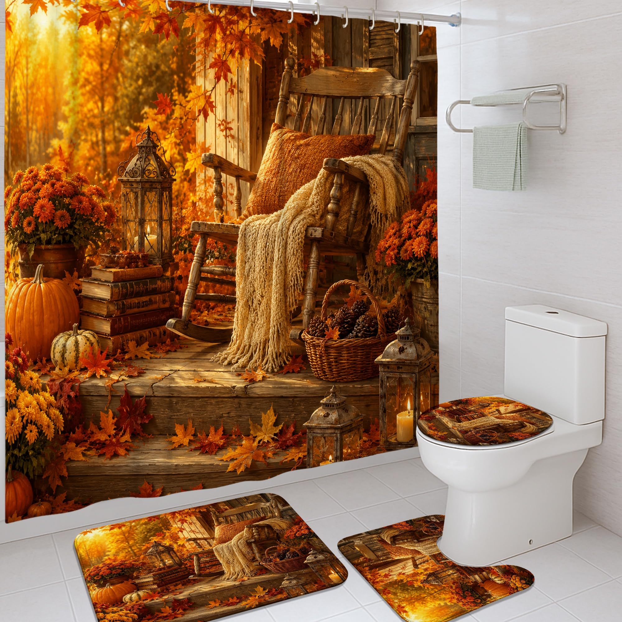 Rideau de douche confortable orange avec tapis assorti lavable de saison