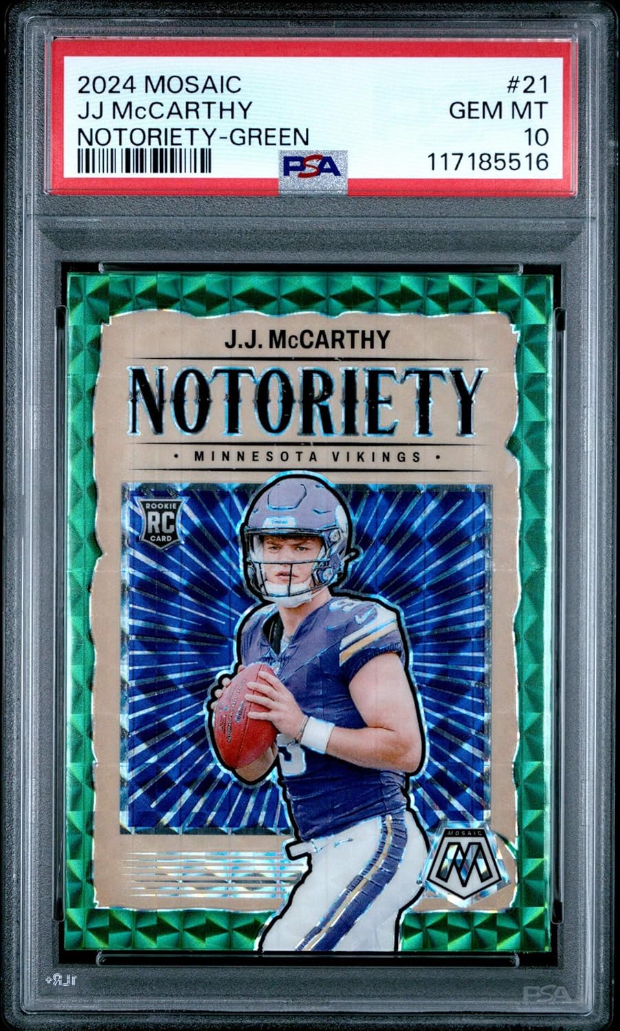 Graded 2024 Panini Mosaic JJ McCarthy #21 Notoriety Green Rookie RC Football Card PSA 10 Gem Mint