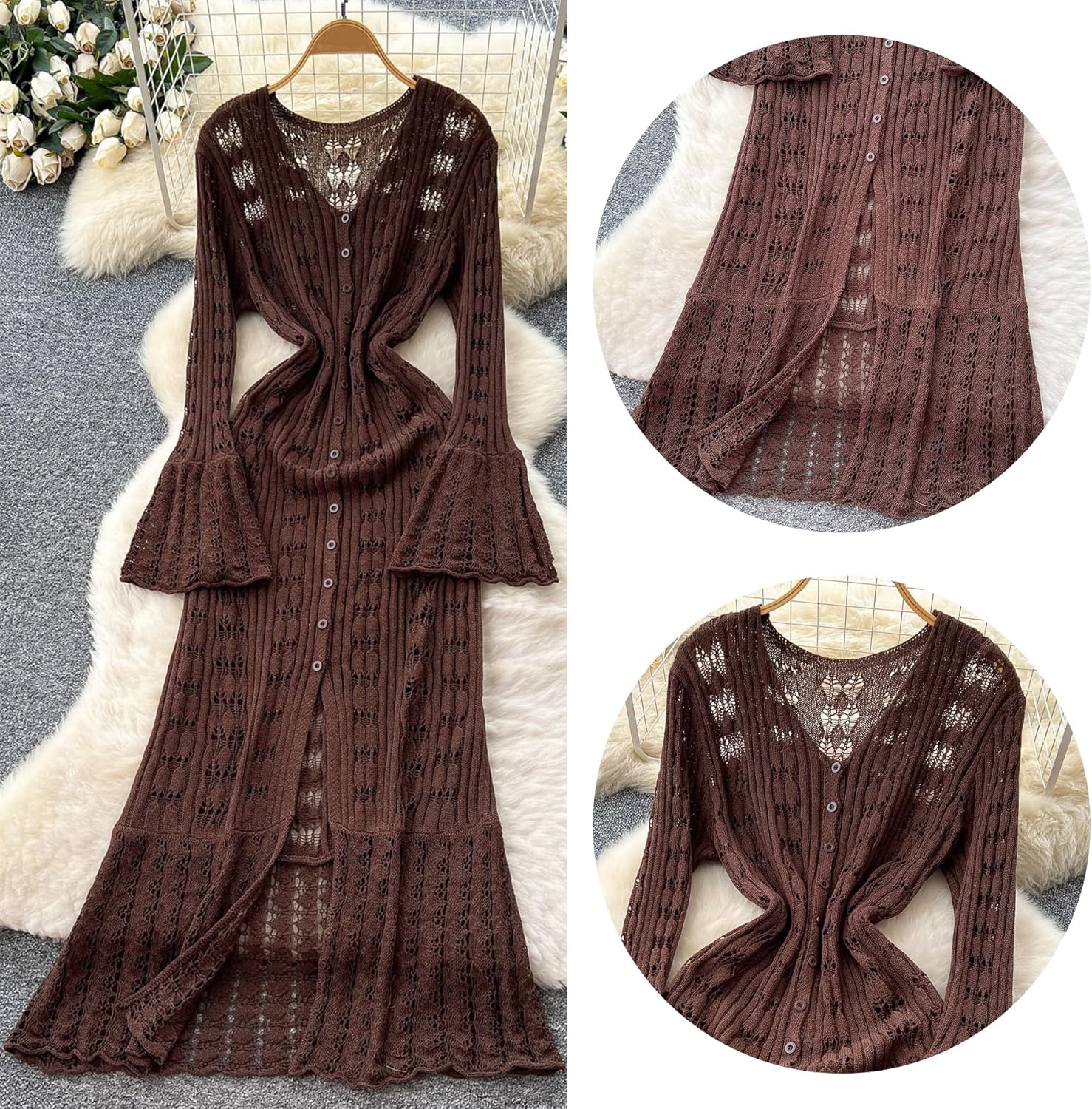 LETSVDO Womens Long Crochet Cardigan Bell Sleeve Ruffle Knit Hollow Out Lightweight Duster Sweater Beach Cover up Dress - Image 8