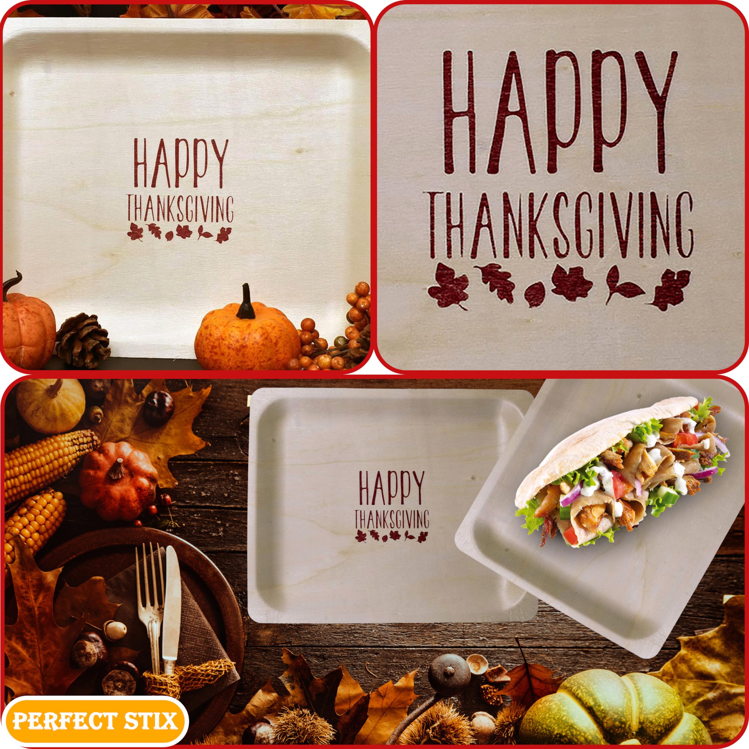 Perfect Stix Plato de madera desechable de 25,4 cm con impresión de Happy Thanksgiving – Paquete de 25 unidades