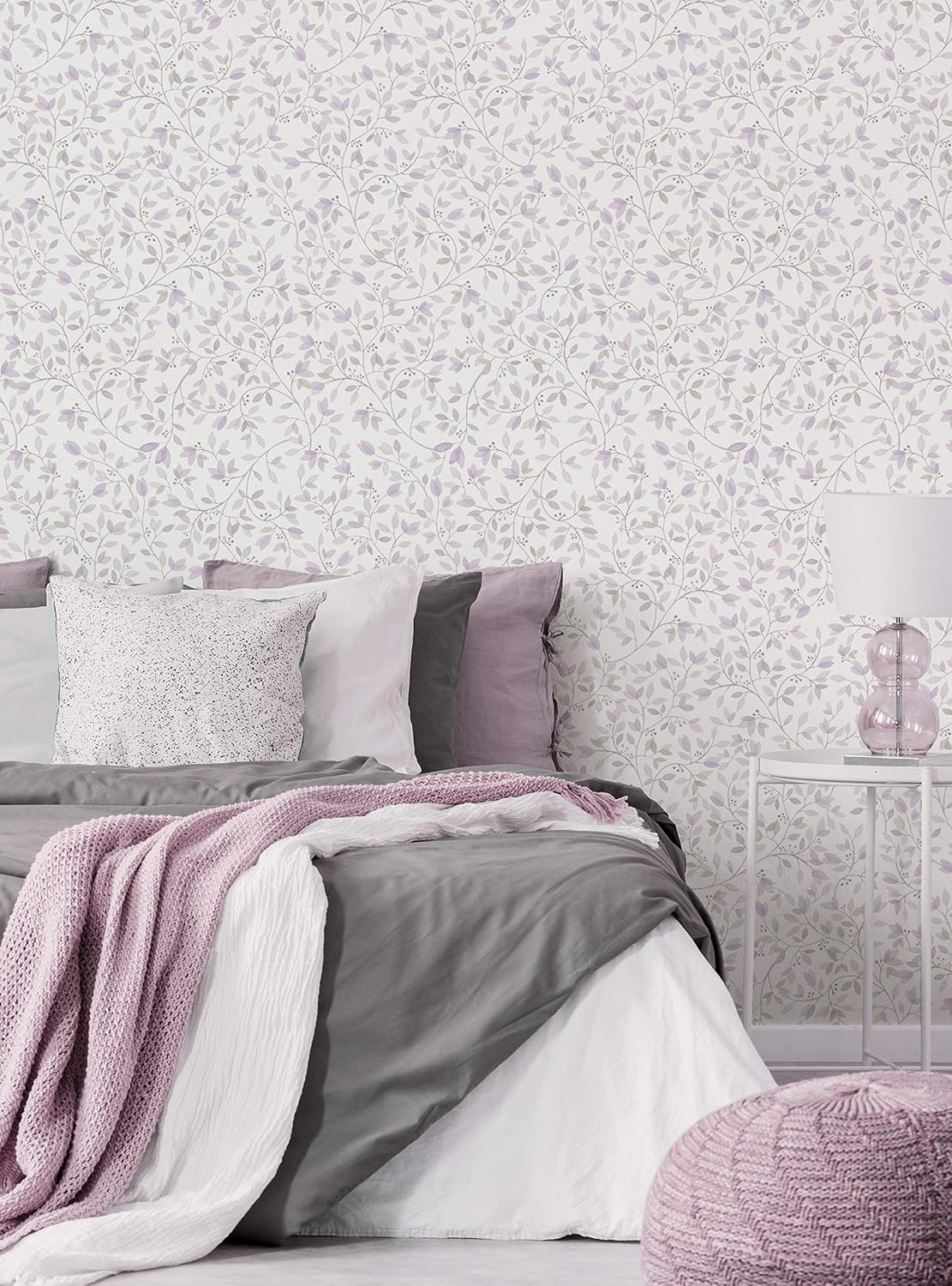 Simple Shapes Floral Vines Watercolor Wallpaper - Peel and Stick (Single Sheet - 2ft x 9ft, Purple Grey)