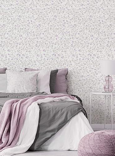 Miniatura 2 de Simple Shapes Floral Vines - Papel tapiz de acuarela para despegar y pegar (una sola hoja, 2 x 9 pies, gris púrpura)