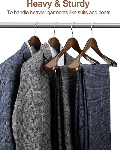 Miniatura 6 de HOUSE DAY Perchas de madera con hombros anchos, perchas para trajes con barra antideslizante para pantalones, acabado liso, gancho giratorio de 360,