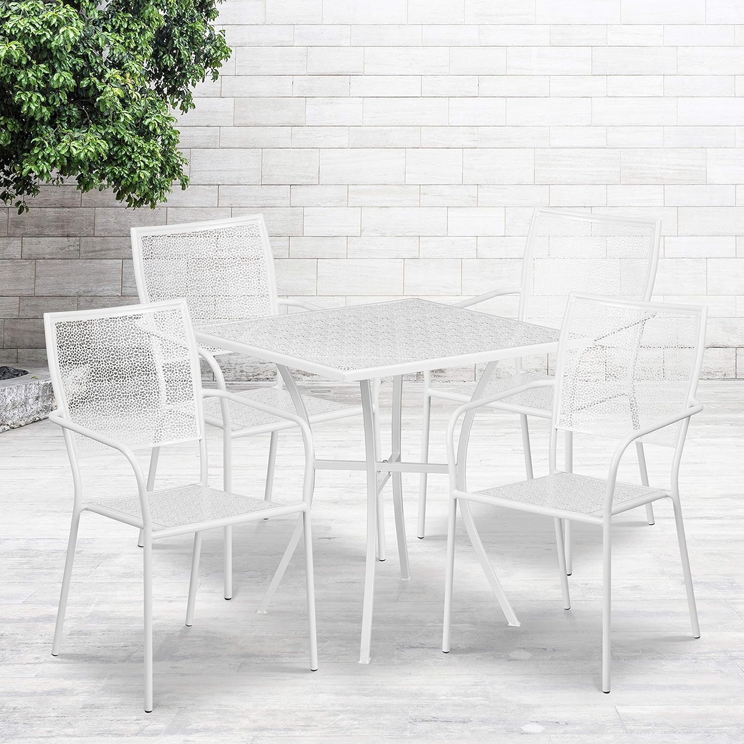 Flash Furniture Oia Commercial Grade 28" Square White Indoor-Outdoor Steel Patio Table Set with 4 Square Back Chairs