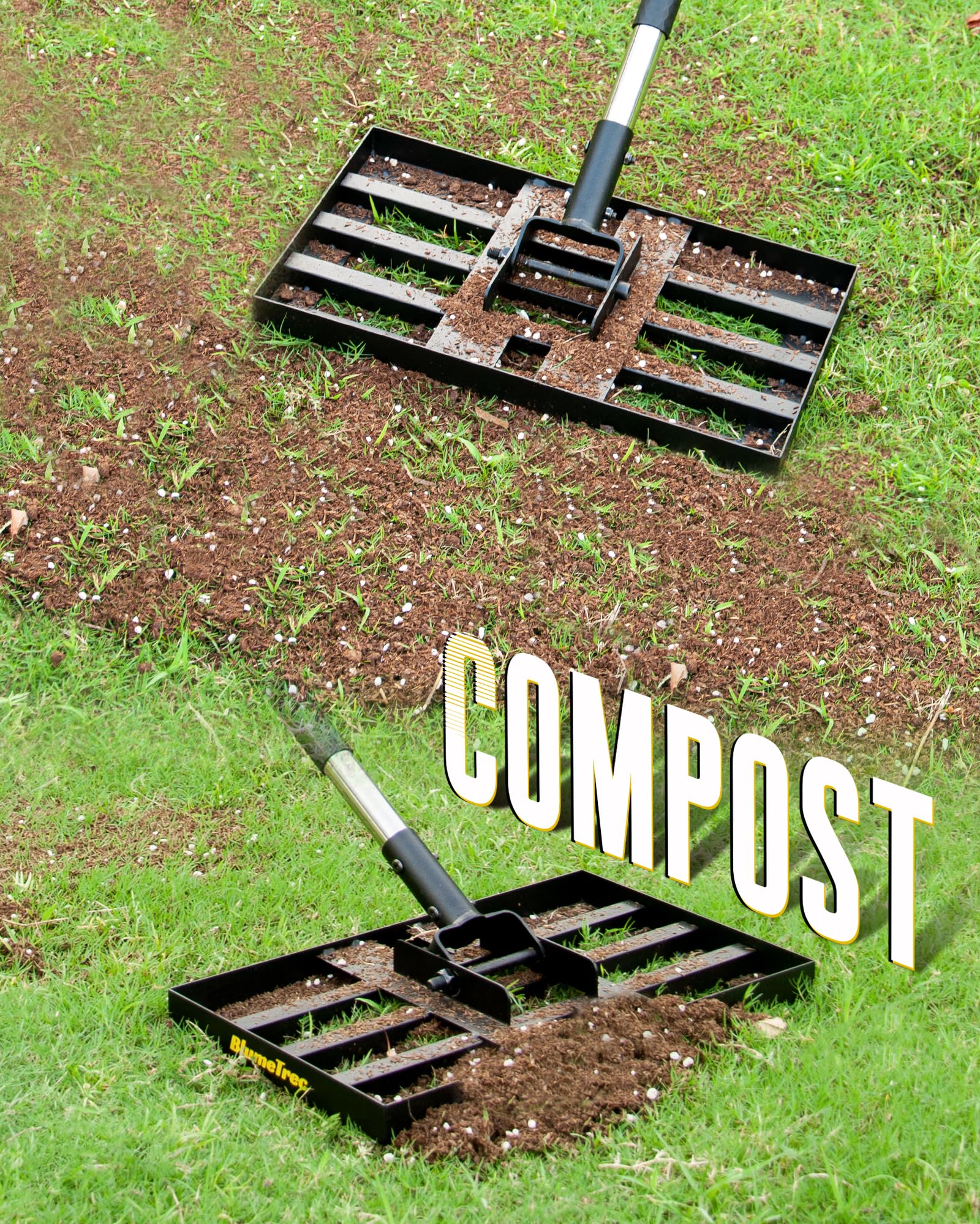 Rastrillo de nivelación de césped, herramienta de nivelación de arena resistente de 17 x 10 pulgadas con mango largo de acero inoxidable de 6.7 pies, rastrillo de golf para tierra, compost