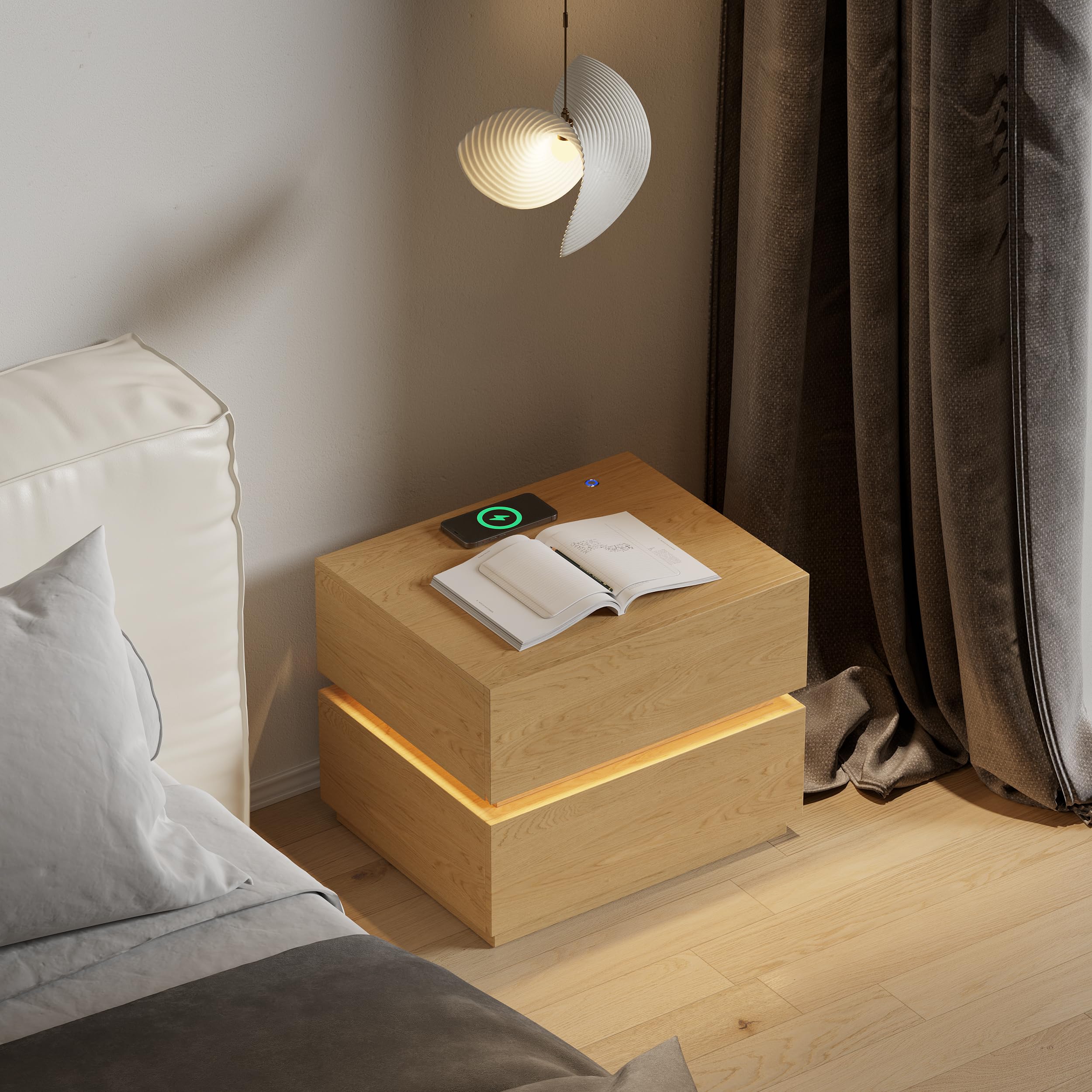 Homary LED Smart Nachttisch mit kabelloser Ladestation, Nachttisch mit Schubladen & USB-Anschlüssen, Modernes Nachtkästchen mit LED-Beleuchtung für Schlafzimmer