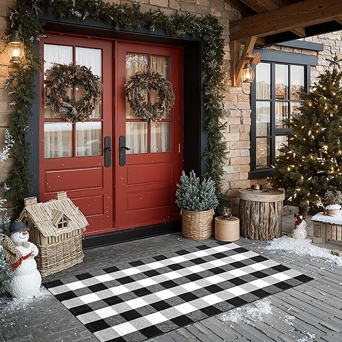 joybest Alfombra de búfalo a cuadros 3 x 5 pies negra y blanca, alfombra de algodón tejida a mano para interior y exterior, alfombra de interior