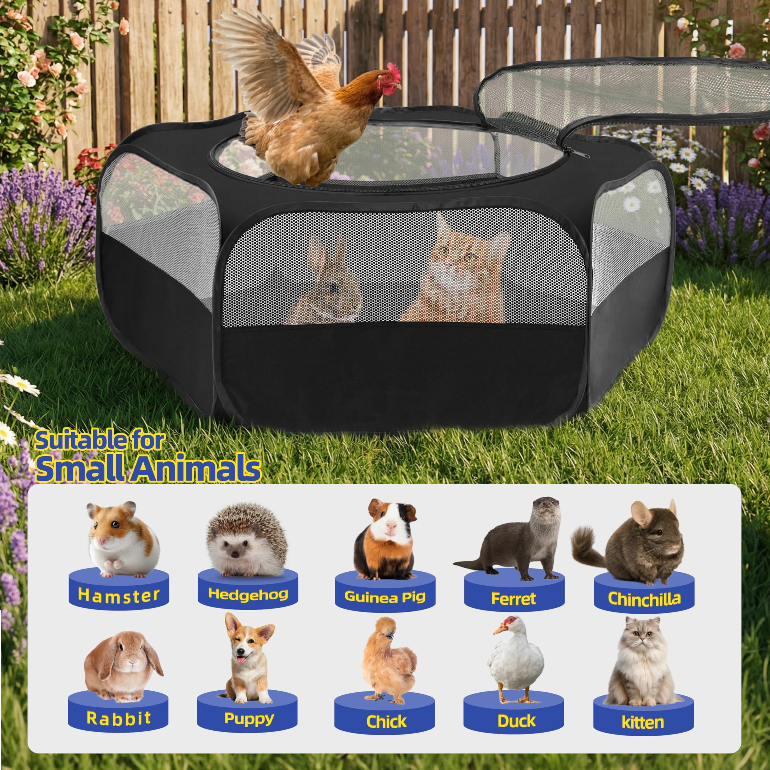 Tente de jeu robuste pour petits animaux : fond imperméable et housse en maille pour poulet, couveuse, lapin, chaton, cochon d'Inde, rat, hamster, chinchilla, hérisson, furet pliable pour